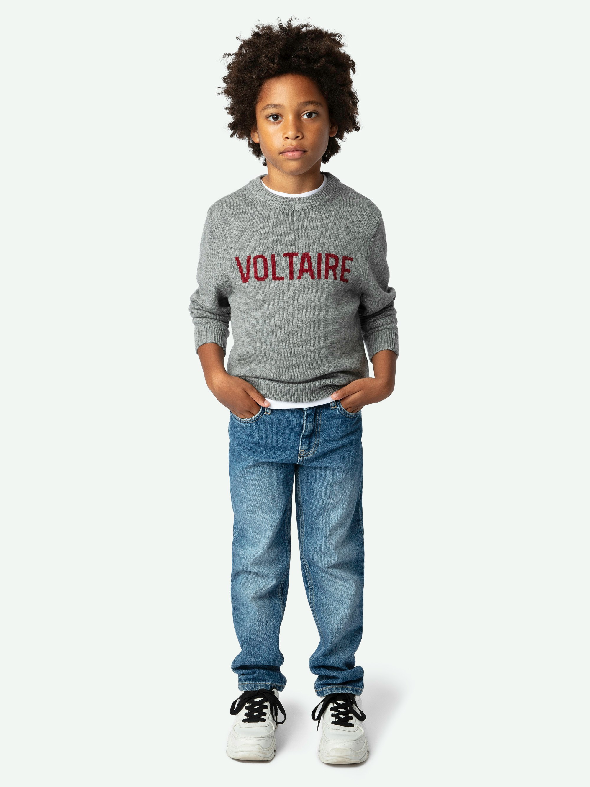 Boys' Chris Jumper - Boys' grey knitted jumper embellished with an intarsia jacquard "Voltaire" signature.