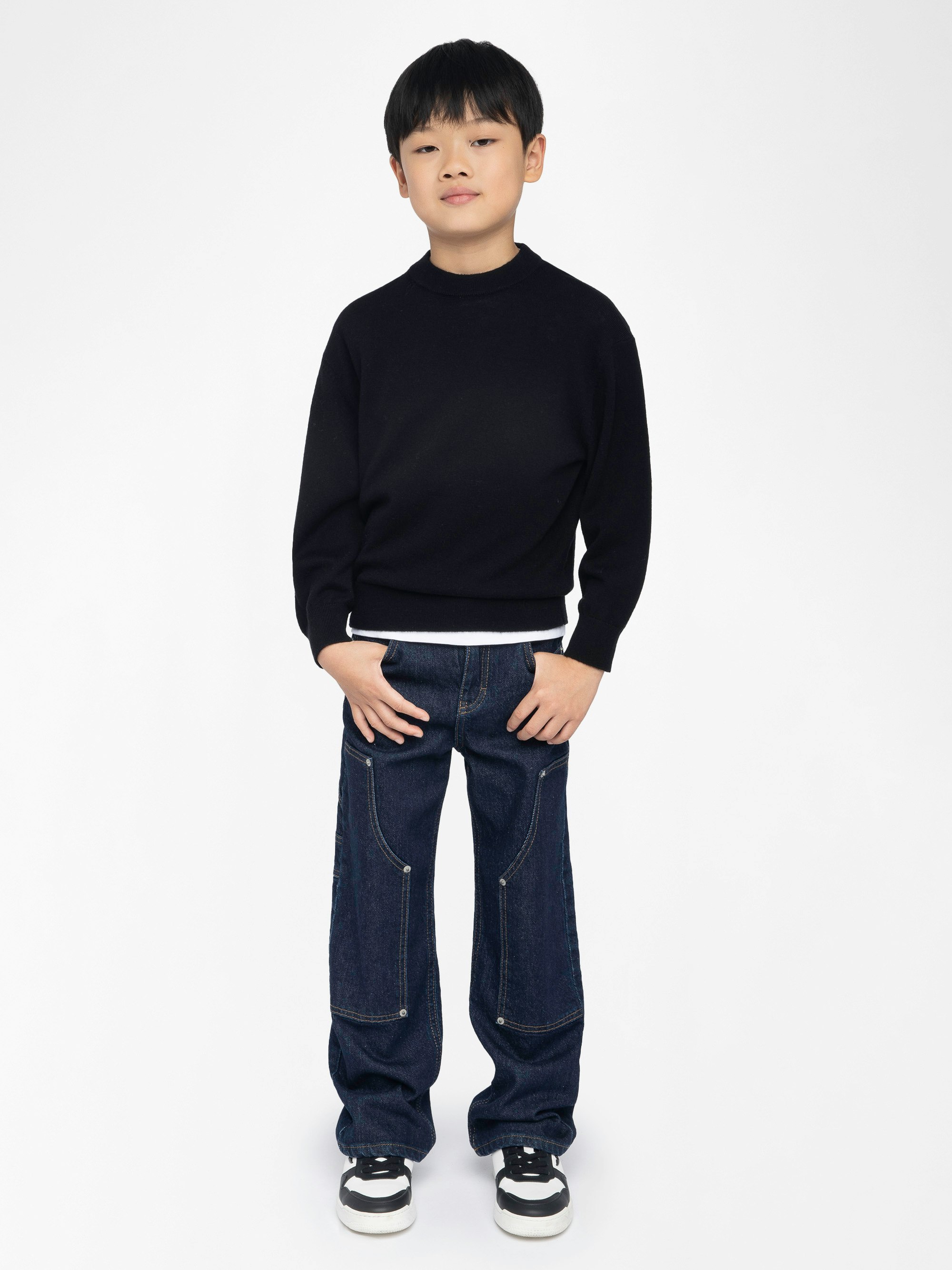 Chris Boy's Jumper - Wool jumper with round neck, intarsia jacquard logo on the back and openwork monogram on the front.