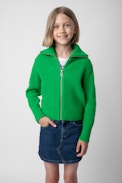 Miles Girls’ Cardigan - Girls’ green knit zip-up cardigan with “Zadig” branding on the collar.