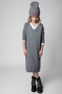 Carrie Children’s Dress - Children’s grey long-sleeve knit dress with print on back