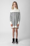 Almia Girls’ Dress - Girls’ beige knit turtleneck dress with stripes and diamanté “Voltaire” branding.