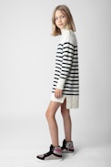 Almia Girls’ Dress - Girls’ beige knit turtleneck dress with stripes and diamanté “Voltaire” branding.