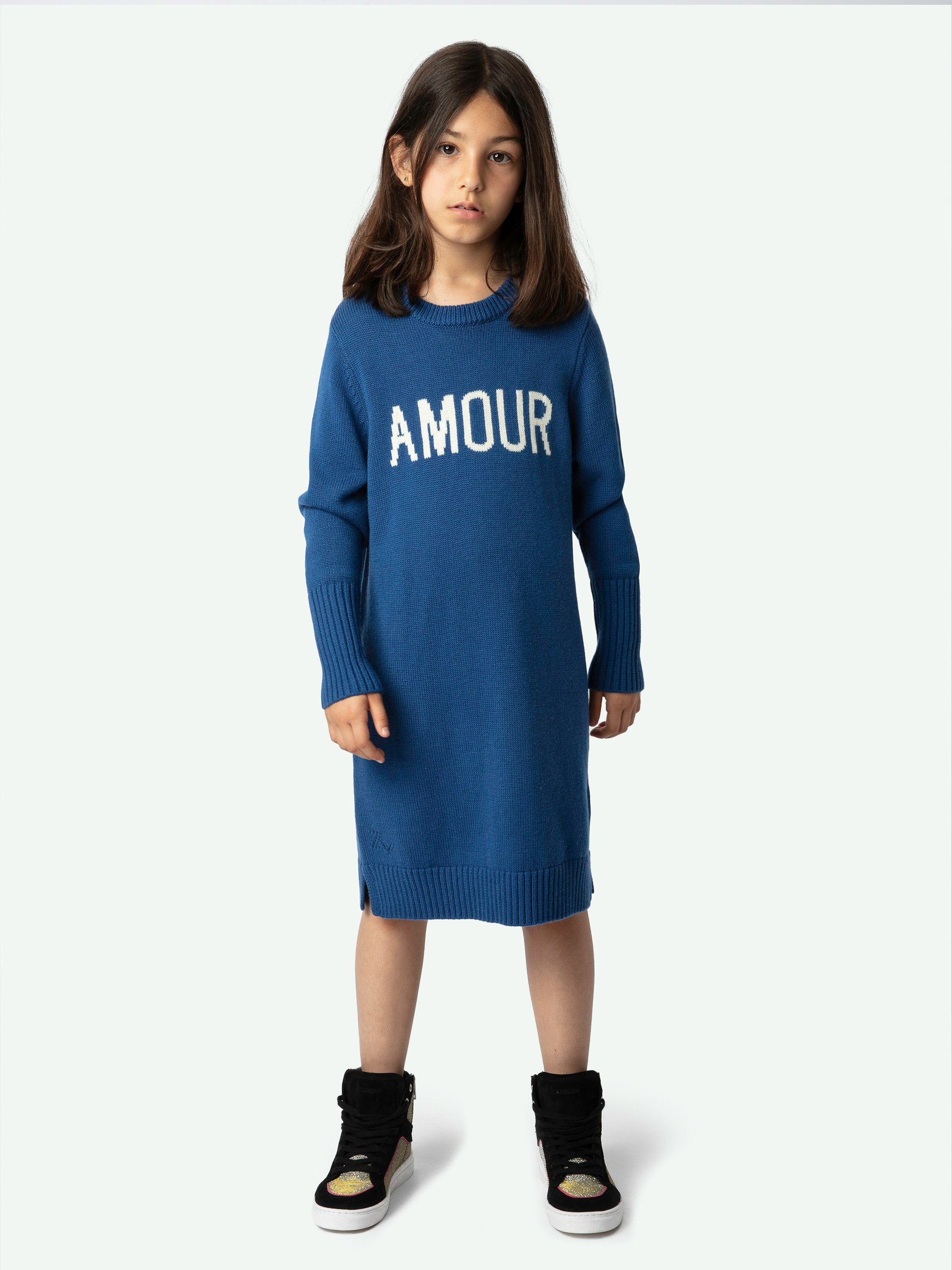 Girls' Almira Dress - Girls' long-sleeved blue knitted maxi dress with "Love" message.