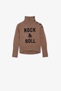Pull Alma Enfant - Pull col roulé à manches longues camel orné du message "Rock & Roll" et de boutons sur l'épaule enfant