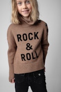 Pull Alma Enfant - Pull col roulé à manches longues camel orné du message "Rock & Roll" et de boutons sur l'épaule enfant