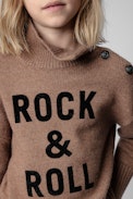 Pull Alma Enfant - Pull col roulé à manches longues camel orné du message "Rock & Roll" et de boutons sur l'épaule enfant