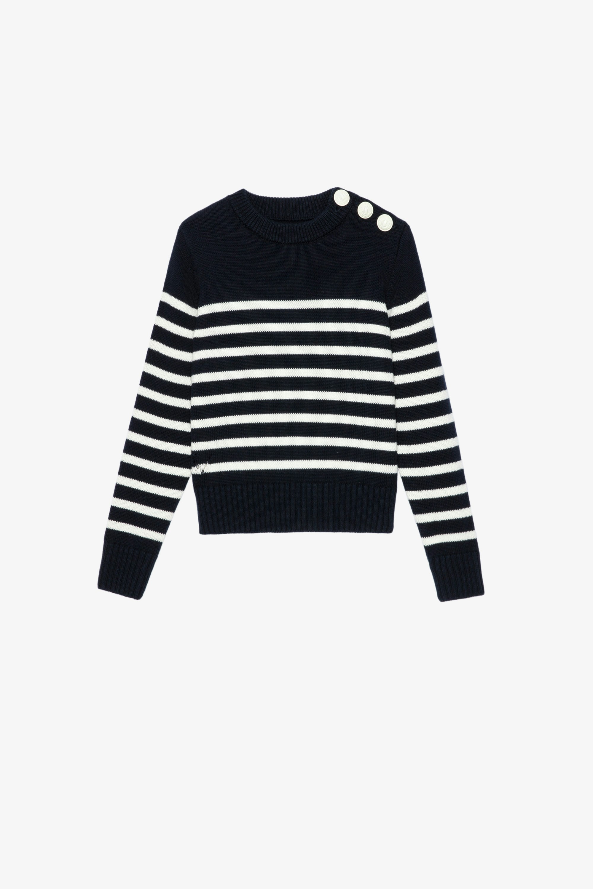 Suzane Kids' Sweater Kids’ navy-blue striped knit sweater featuring rhinestone-studded wings on the back