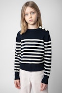 Suzane Kids'Jumper - Kids’ navy-blue striped knit sweater featuring rhinestone-studded wings on the back