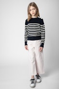 Suzane Kids'Jumper - Kids’ navy-blue striped knit sweater featuring rhinestone-studded wings on the back