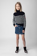 Susan Girls’ Jumper - Girls’ navy blue knit Breton jumper with turtleneck and wings motif.