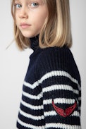 Susan Girls’ Jumper - Girls’ navy blue knit Breton jumper with turtleneck and wings motif.