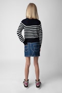 Susan Girls’ Jumper - Girls’ navy blue knit Breton jumper with turtleneck and wings motif.