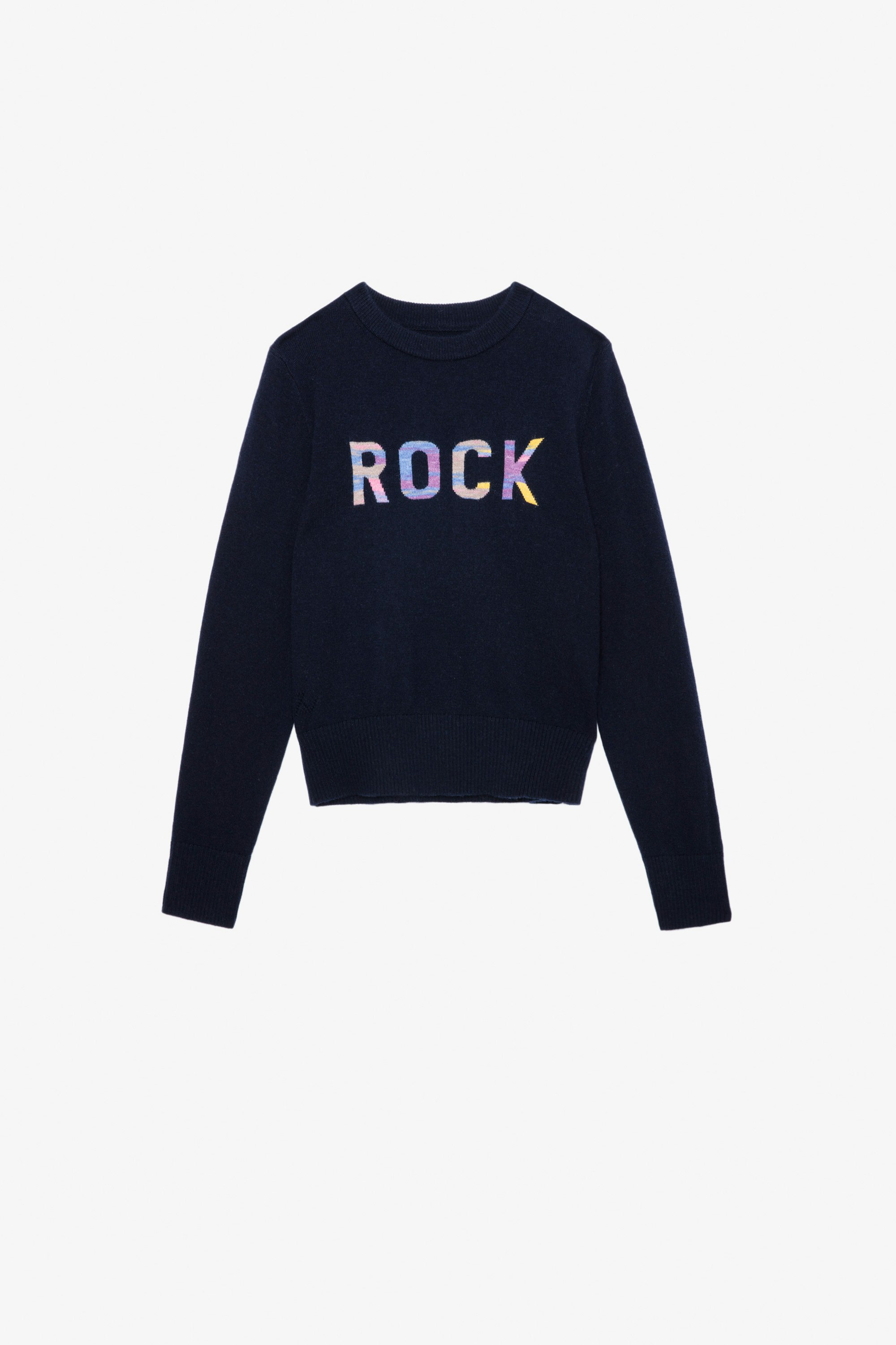 Drum Girls’ Jumper Girls’ navy blue knit jumper with “Rock” slogan.