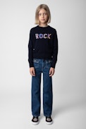 Drum Girls’ Jumper - Girls’ navy blue knit sweater with “Rock” slogan.