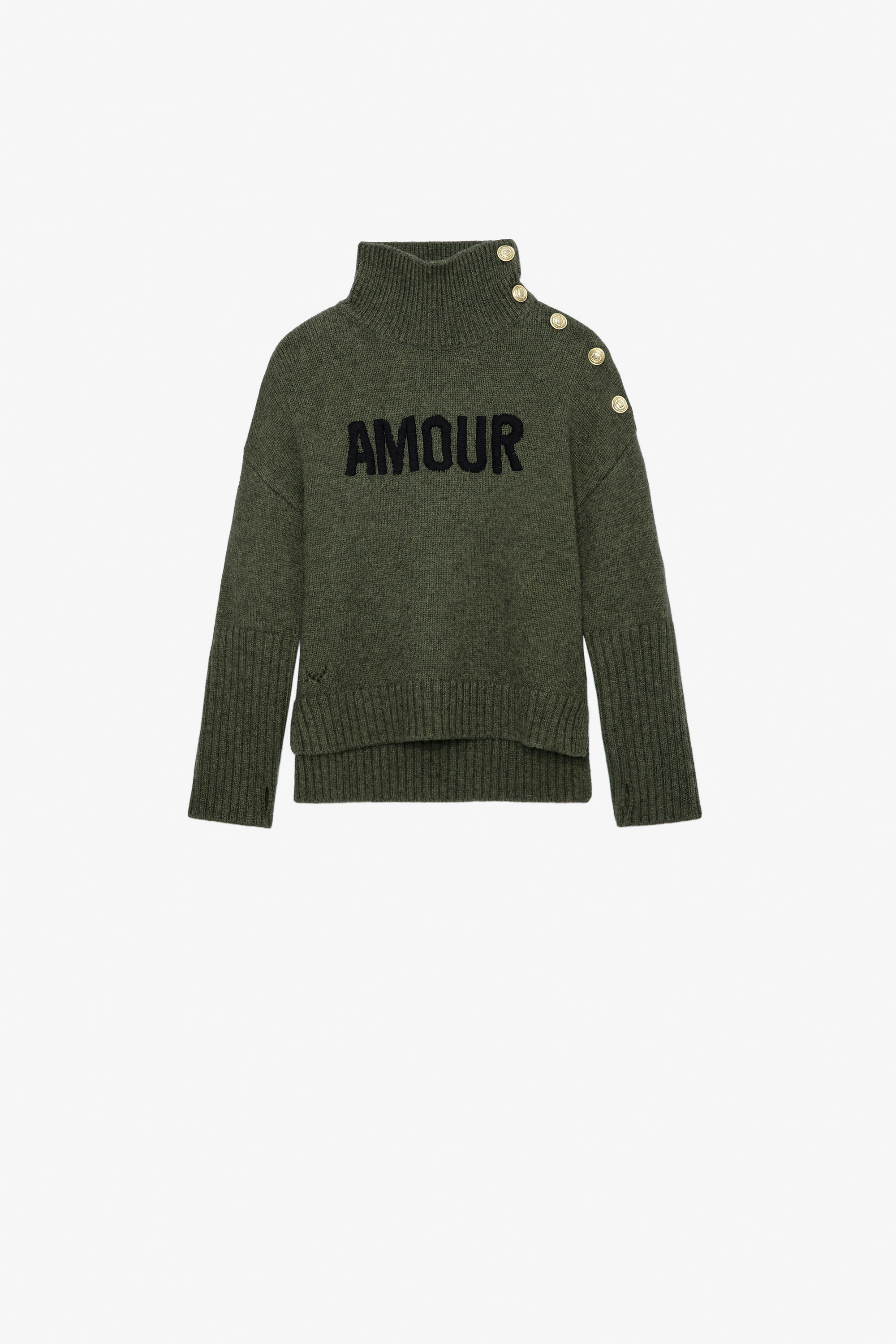 Alma Girls’ Jumper - Girls’ khaki knit turtleneck jumper with “Amour” embroidery.