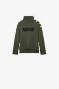 Alma Girls’ Jumper - Girls’ khaki knit turtleneck jumper with “Amour” embroidery.