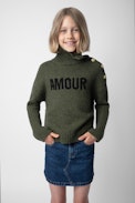 Alma Girls’ Jumper - Girls’ khaki knit turtleneck jumper with “Amour” embroidery.