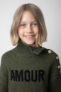 Alma Girls’ Jumper - Girls’ khaki knit turtleneck jumper with “Amour” embroidery.