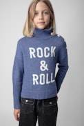 Alma Girls’ Jumper - Girls’ purple knit turtleneck jumper with “Rock & Roll” embroidery.