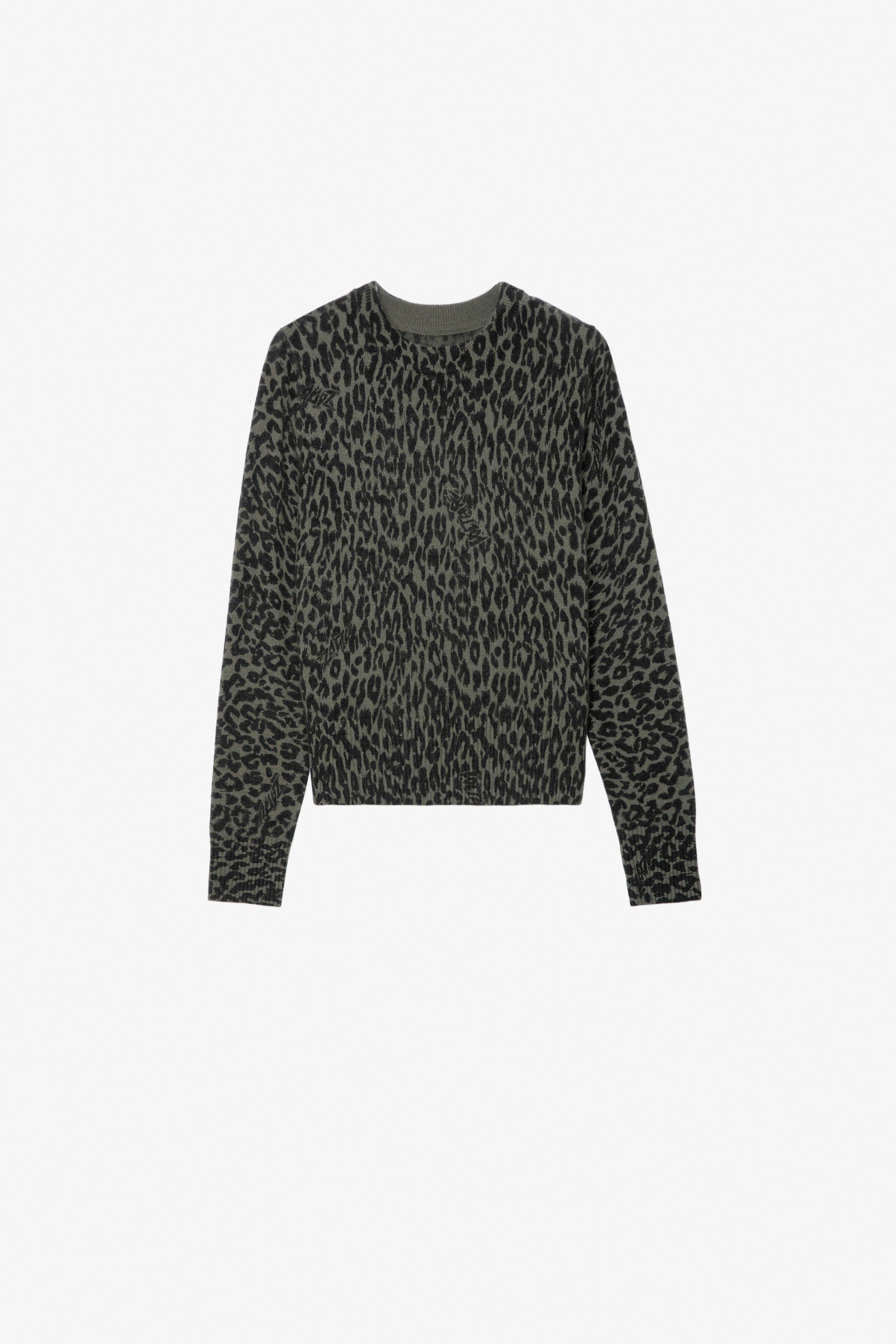 Pullover Reglis für Mädchen - Pullover aus khakifarbenem Strick mit Leoparden-Print für Mädchen.