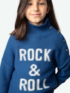 Maglione Alma Ragazza - Maglione blu da ragazza in maglia con bottoni sulla spalla e scritta "Rock & Roll".