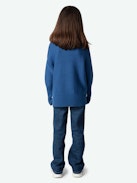 Maglione Alma Ragazza - Maglione blu da ragazza in maglia con bottoni sulla spalla e scritta "Rock & Roll".