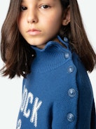 Maglione Alma Ragazza - Maglione blu da ragazza in maglia con bottoni sulla spalla e scritta "Rock & Roll".