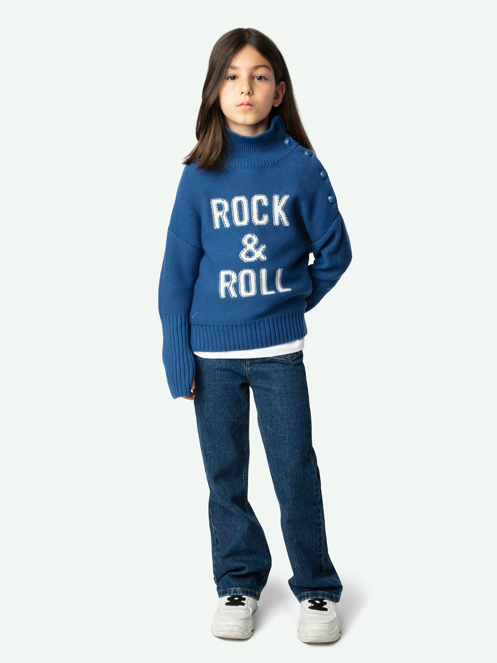 Pullover Alma für Mädchen - Blauer Strickpullover mit Knöpfen an der Schulter und „Rock & Roll“-Schriftzug für Mädchen.