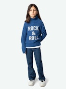 Maglione Alma Ragazza - Maglione blu da ragazza in maglia con bottoni sulla spalla e scritta "Rock & Roll".