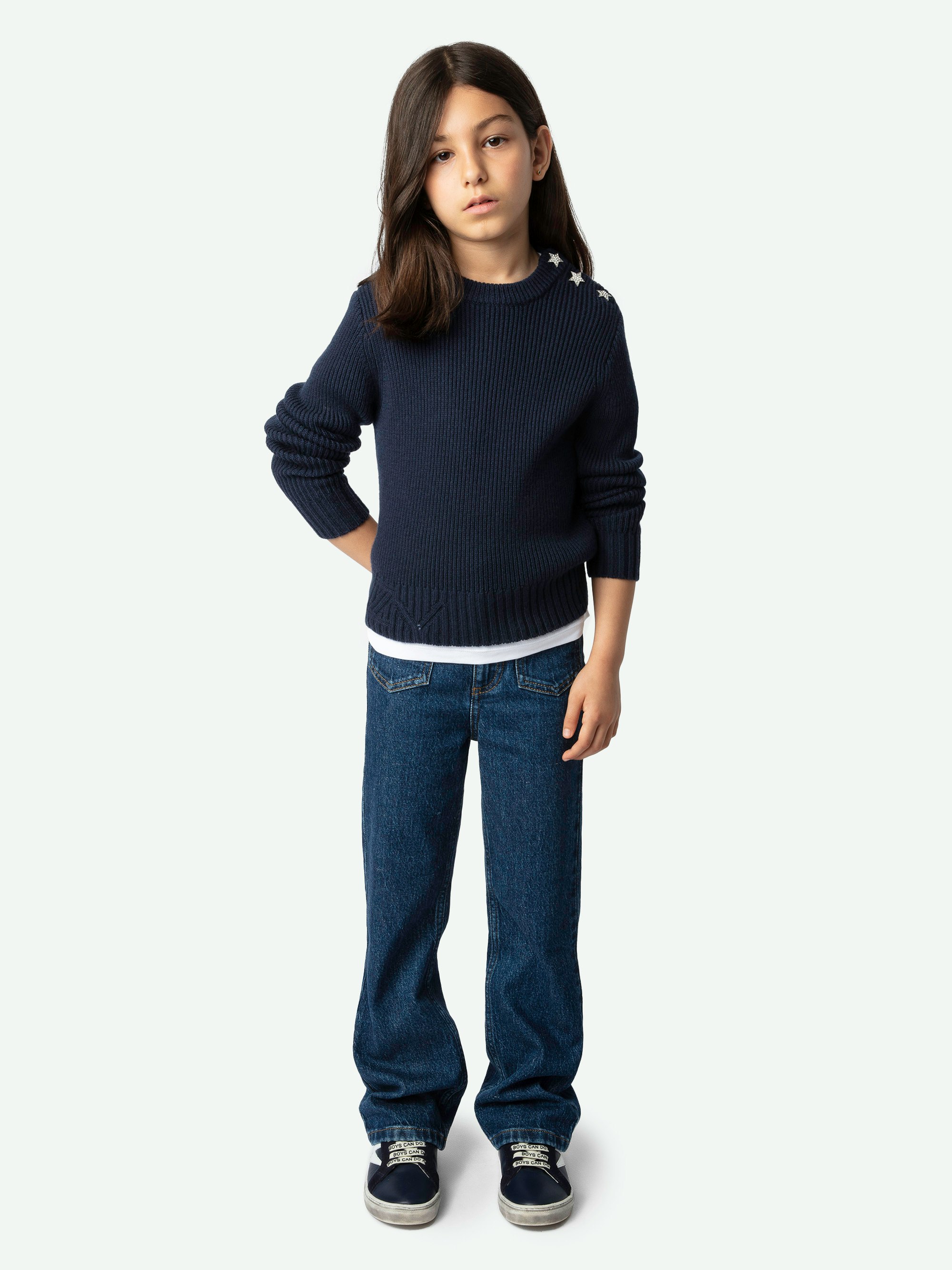 Girls' Navy Jumper - Long-sleeved navy blue rib knit jumper with star buttons on the shoulder.