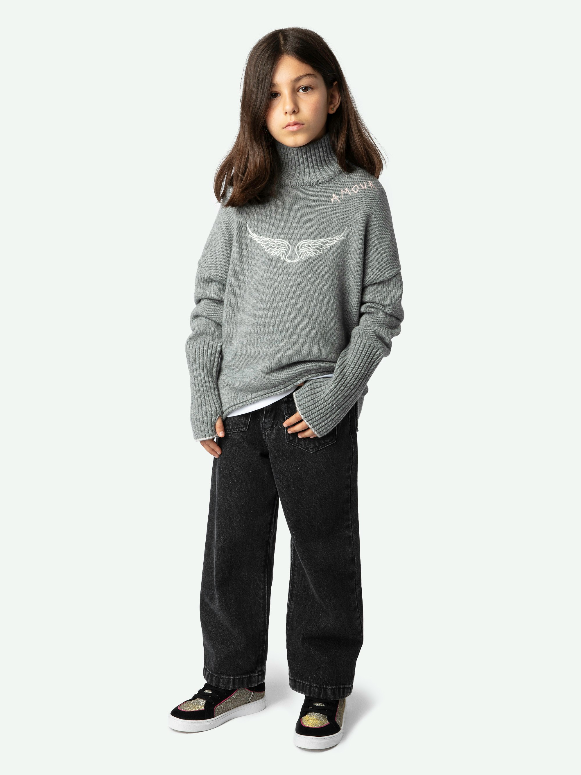 Girls' Almy Jumper - Girls' grey knitted jumper with funnel neck, intarsia wing embroidery and "Love" message.