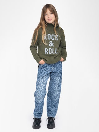 Alma Rock Girl's Jumper - Wool jumper with high neck, button fastening at shoulder, "Rock&Roll" embroidery on front.