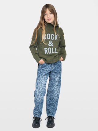 Alma Rock Girl's Jumper - Wool jumper with high neck, button fastening at shoulder, "Rock&Roll" embroidery on front.