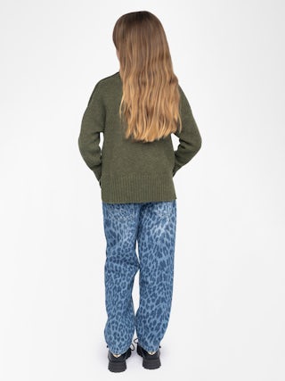 Alma Rock Girl's Jumper - Wool jumper with high neck, button fastening at shoulder, "Rock&Roll" embroidery on front.