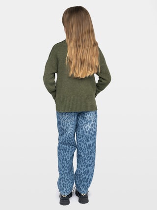 Alma Rock Girl's Jumper - Wool jumper with high neck, button fastening at shoulder, "Rock&Roll" embroidery on front.