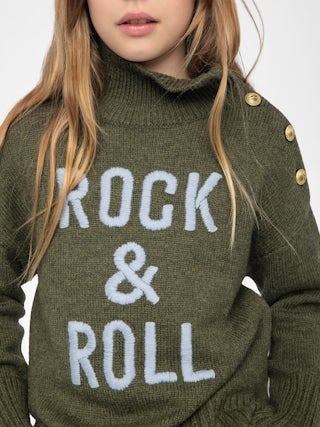 Alma Rock Girl's Jumper - Wool jumper with high neck, button fastening at shoulder, "Rock&Roll" embroidery on front.