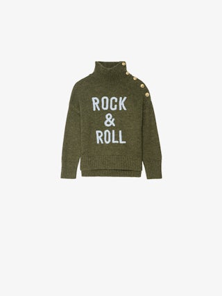 Alma Rock Girl's Jumper - Wool jumper with high neck, button fastening at shoulder, "Rock&Roll" embroidery on front.