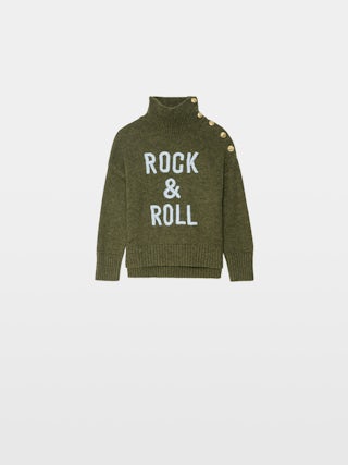 Alma Rock Girl's Jumper - Wool jumper with high neck, button fastening at shoulder, "Rock&Roll" embroidery on front.