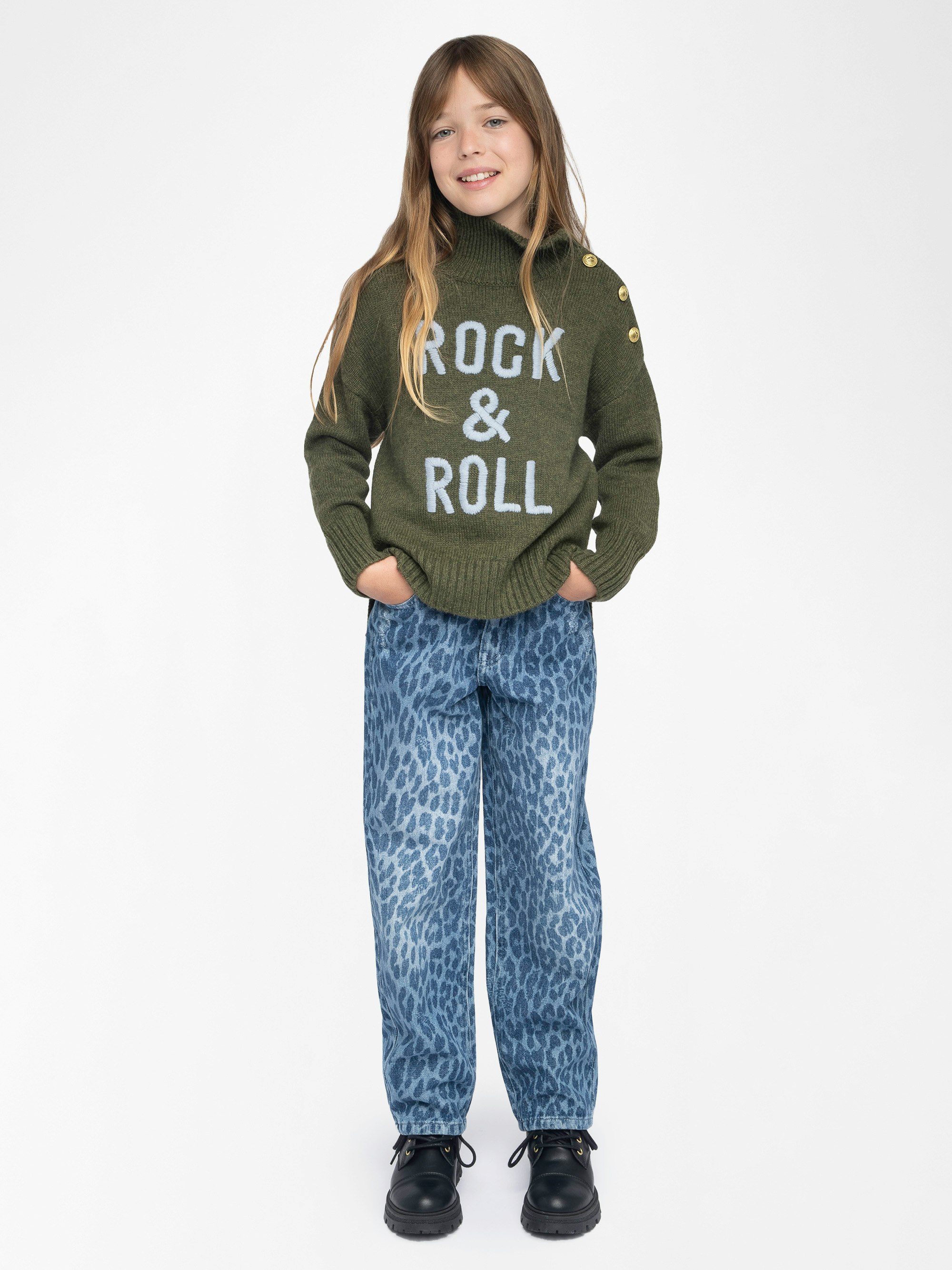 Alma Rock Girl's Jumper - Wool jumper with high neck, button fastening at shoulder, "Rock&Roll" embroidery on front.