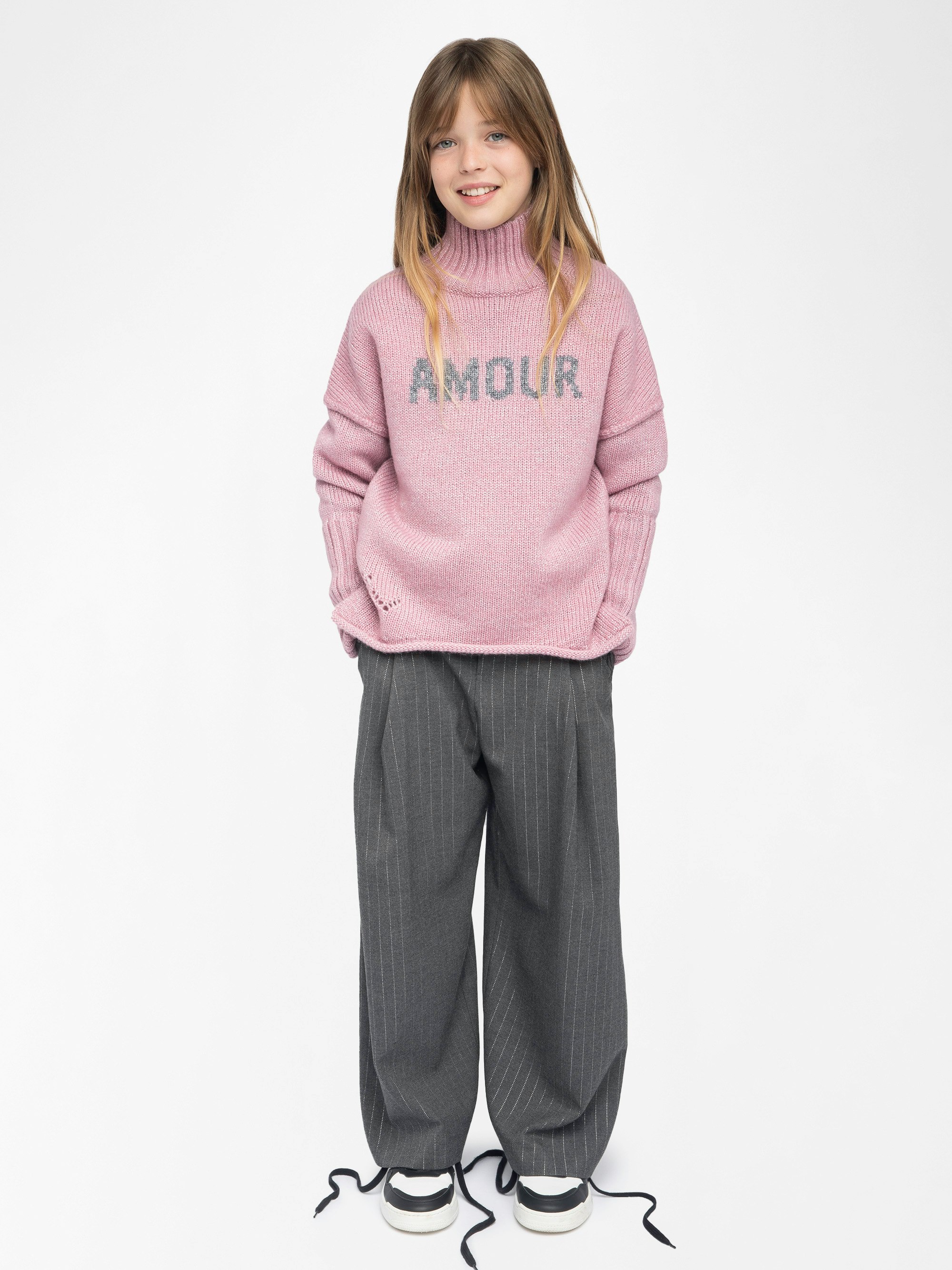 Almi Girl's Jumper - High neck wool jumper, metallic threads, intarsia jacquard on the front.