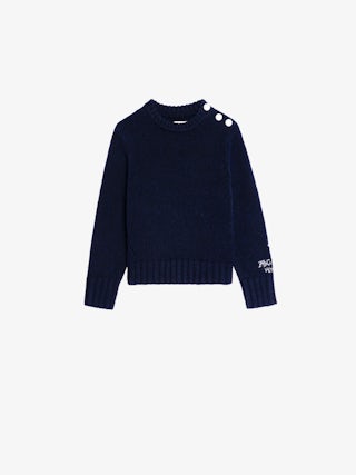 Malta Girl's Jumper - Wool jumper, round neck and buttoned opening on the shoulder, fancy logo embroidered on the sleeve.