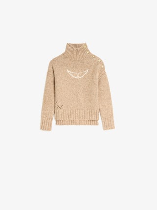 Alma Girls' Jumper - Wool jumper with high neck, shoulder button fastening, wing embroidery at front.