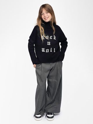 Almi Girl's Jumper - Wool jumper with high neck, loose fit, "Rock'n'Roll" embroidery on front, dropped shoulders.