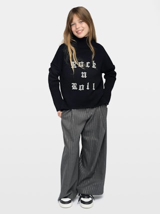 Almi Girl's Jumper - Wool jumper with high neck, loose fit, "Rock'n'Roll" embroidery on front, dropped shoulders.