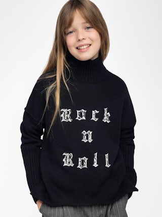 Almi Girl's Jumper - Wool jumper with high neck, loose fit, "Rock'n'Roll" embroidery on front, dropped shoulders.