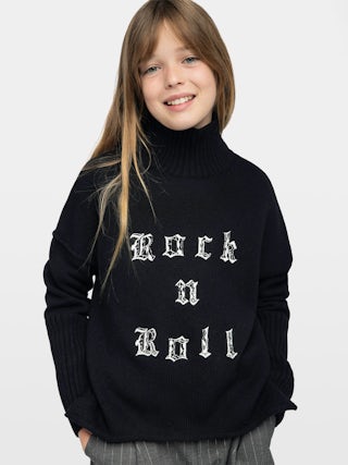 Almi Girl's Jumper - Wool jumper with high neck, loose fit, "Rock'n'Roll" embroidery on front, dropped shoulders.