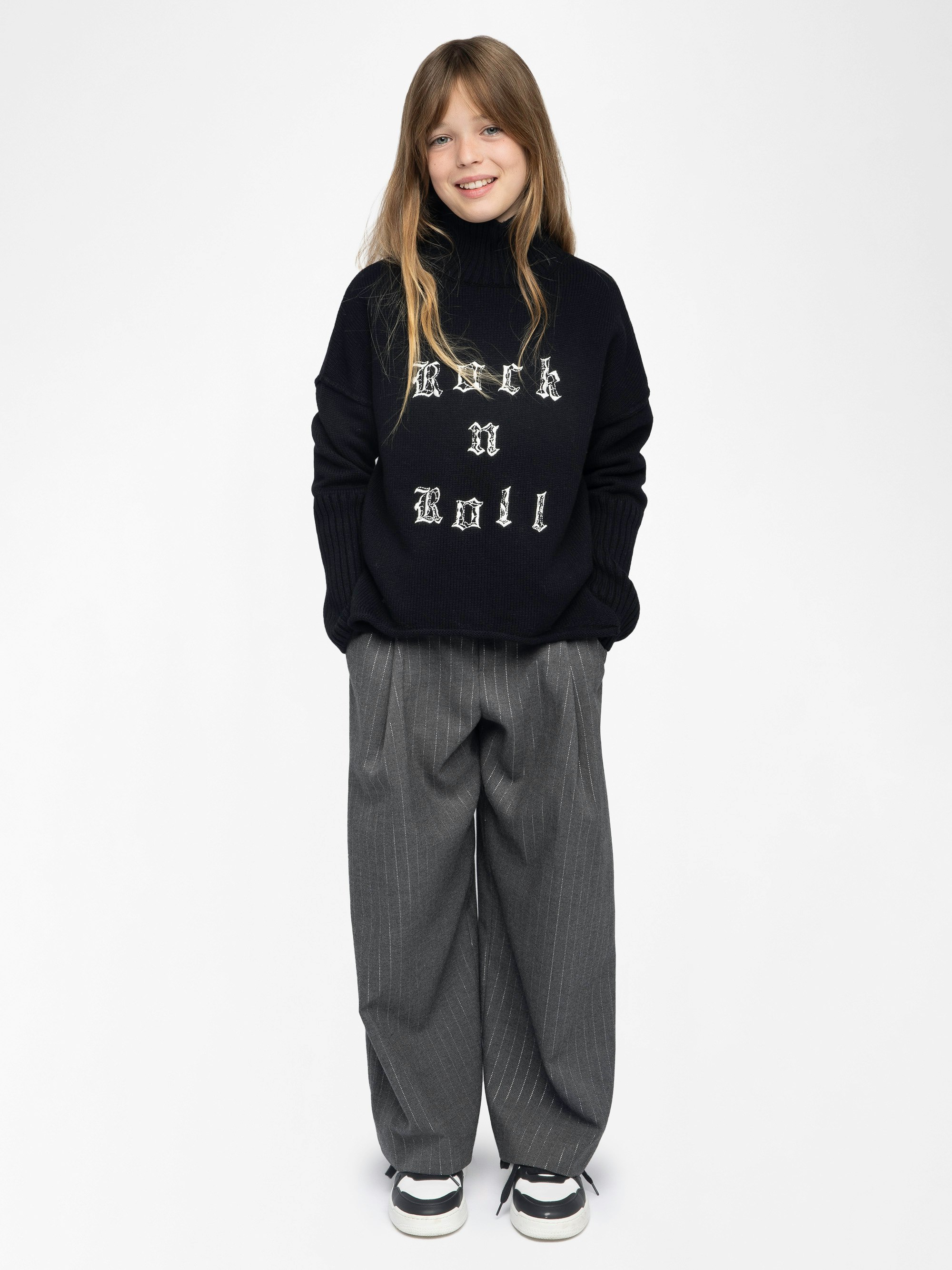 Almi Girl's Jumper - Wool jumper with high neck, loose fit, "Rock'n'Roll" embroidery on front, dropped shoulders.