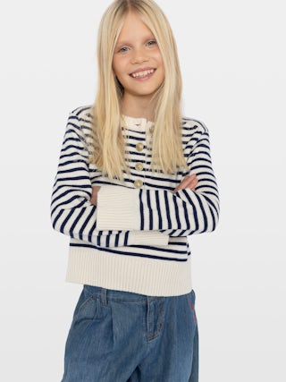 Jumper Halty Girl - Striped crew-neck jumper with front button fastening and cuff slits.