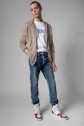 Clash Cardigan - Men's beige merino cardigan with zipper