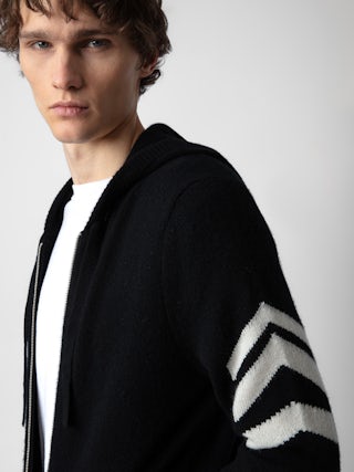 Clash Arrow Cashmere Cardigan - Long-sleeved black cashmere zip-up cardigan with hood and arrow on left arm.